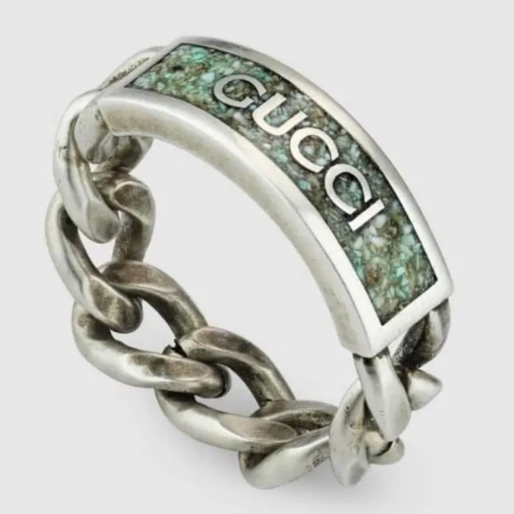 GUCCI Sterling Silver Logo Tag Chain Ring with Turquoise Enamel NEW